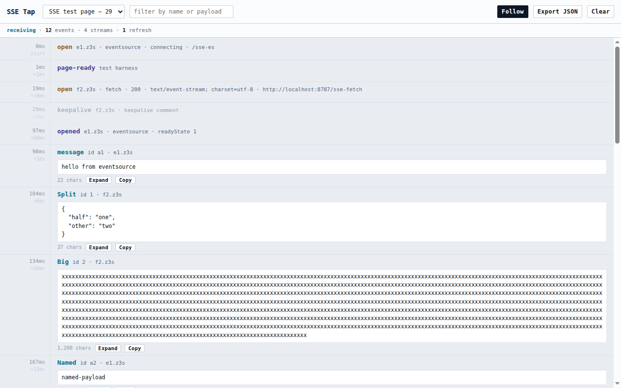 The SSE Tap viewer showing a timeline of captured events with an expanded JSON payload
